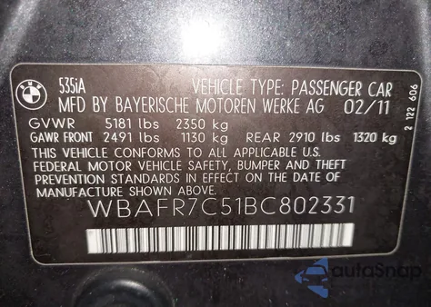 2011 BMW 535I z USA, uszkodzony, nr VIN WBAFR7C51BC802331